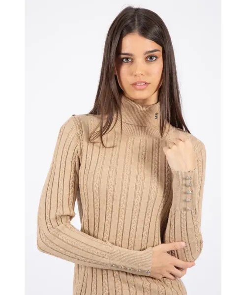 JERSEY CUELLO ALTO BOTONES CAMEL SOLERA MUJER