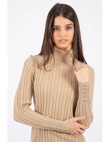 JERSEY CUELLO ALTO BOTONES CAMEL SOLERA MUJER