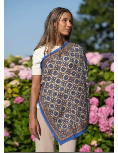 PAÑUELO SEDA Y LANA  AZULON COLORES DE OTOÑO