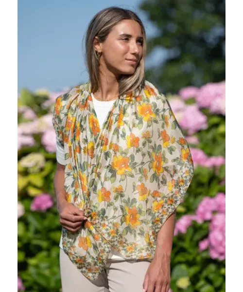 PAÑUELO SEDA FLORES NARANJAS COLORES DE OTOÑO