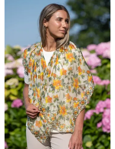 PAÑUELO SEDA FLORES NARANJAS COLORES DE OTOÑO