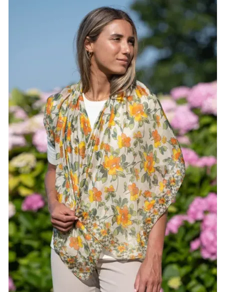 PAÑUELO SEDA FLORES NARANJAS COLORES DE OTOÑO