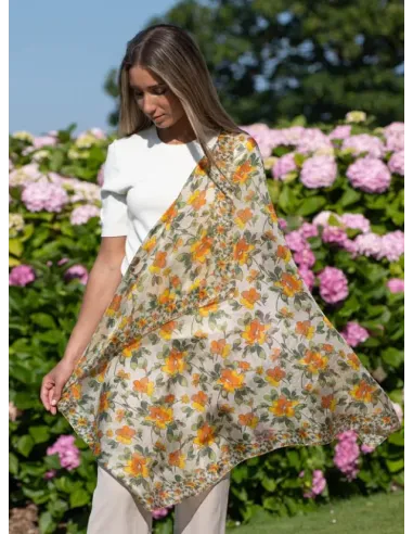 PAÑUELO SEDA FLORES NARANJAS COLORES DE OTOÑO