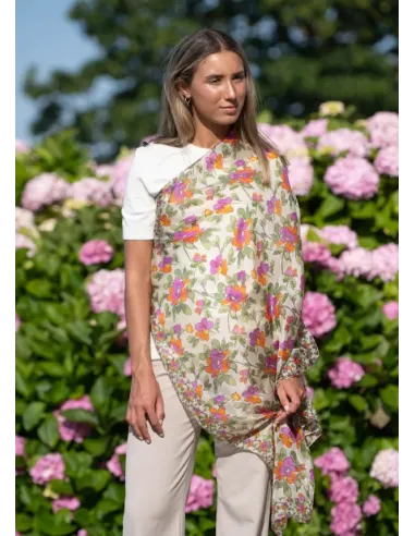 PAÑUELO DE SEDA FLORES ROSAS COLORES DE OTOÑO