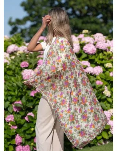 PAÑUELO DE SEDA FLORES ROSAS COLORES DE OTOÑO