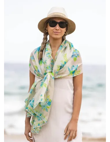 FOULARD SEDA BICOLOR FLORES VERDE COLORES DE OTOÑO