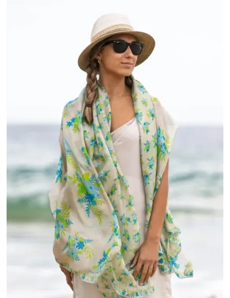 FOULARD SEDA BICOLOR FLORES VERDE COLORES DE OTOÑO