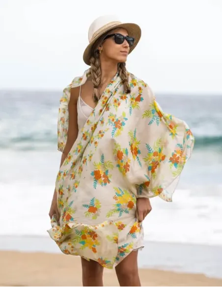 FOULARD SEDA BICOLOR FLORES AMARILLAS COLORES DE OTOÑO