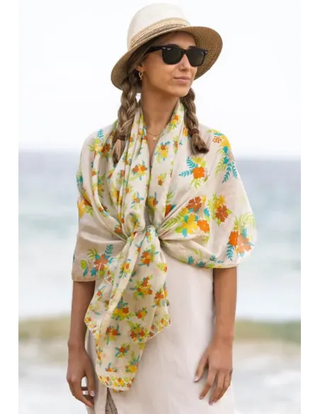 FOULARD SEDA BICOLOR FLORES AMARILLAS COLORES DE OTOÑO