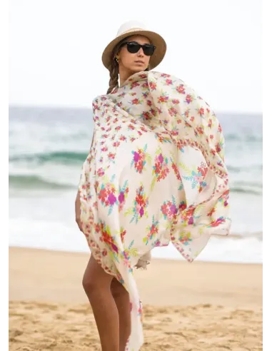 FOULARD SEDA BICOLOR FLORES ROJAS COLORES DE OTOÑO