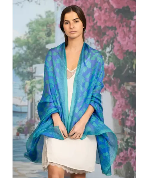 FOULARD SEDA HOJAS AZUL COLORES DE OTOÑO