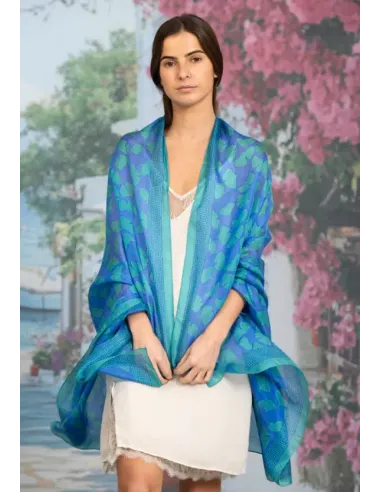 FOULARD SEDA HOJAS AZUL COLORES DE OTOÑO