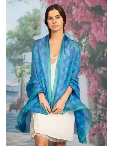 FOULARD SEDA HOJAS AZUL COLORES DE OTOÑO