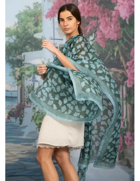 FOULARD SEDA HOJAS CELESTE COLORES DE OTOÑO