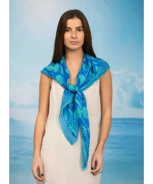 PAÑUELO SEDA CUADRADO TULIPANES AZULON COLORES DE OTOÑO