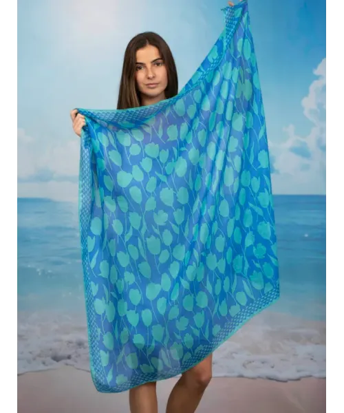 PAÑUELO SEDA CUADRADO TULIPANES AZULON COLORES DE OTOÑO 2